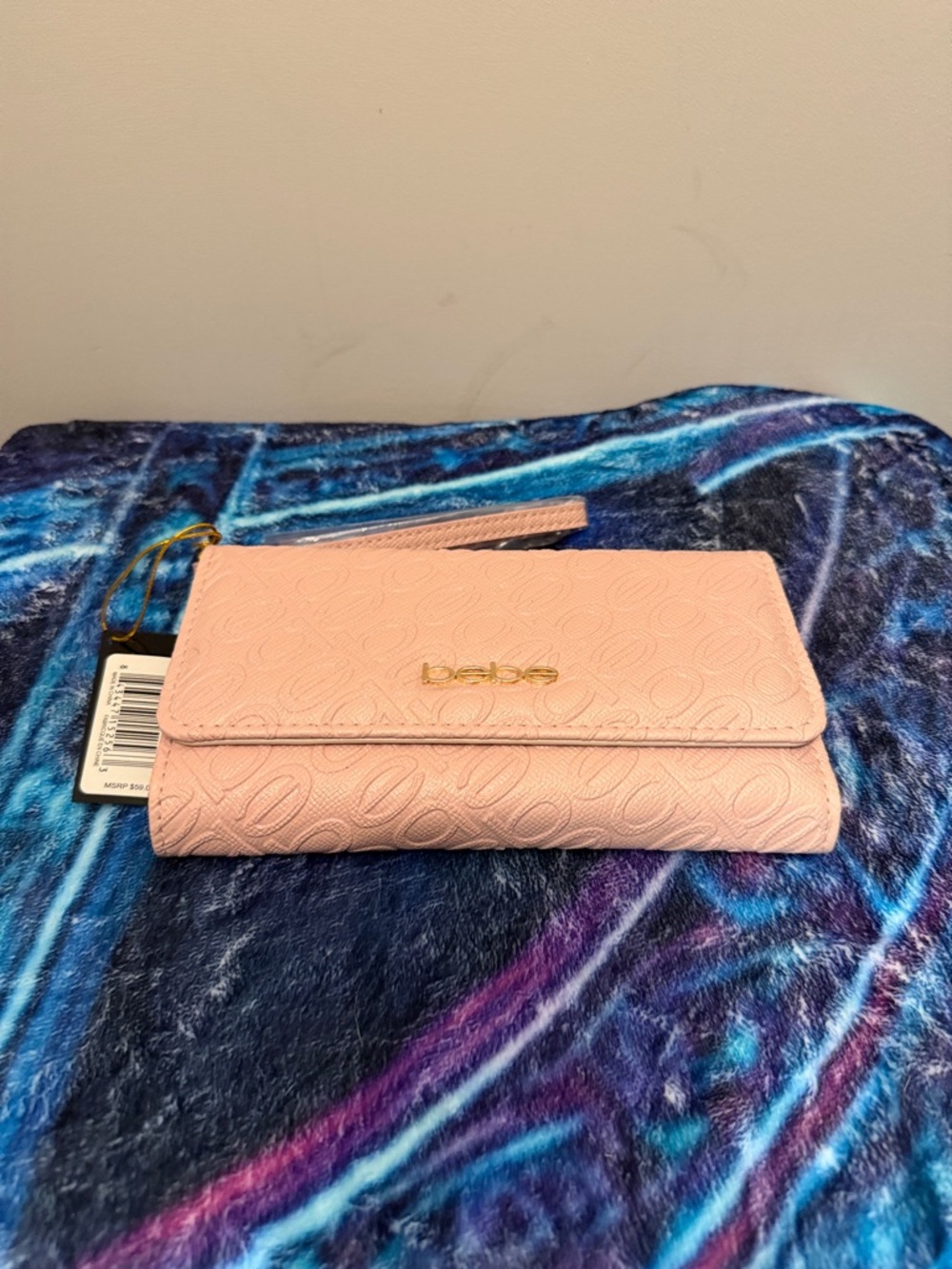bebe Pink Embossed Wristlet Wallet with Gold Logo